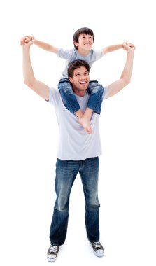 Confident father giving his son piggyback ride clipart