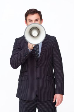 Young businessman shouting through a megaphone clipart