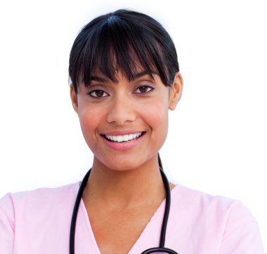 Portrait of an charming female doctor holding a stethoscope clipart