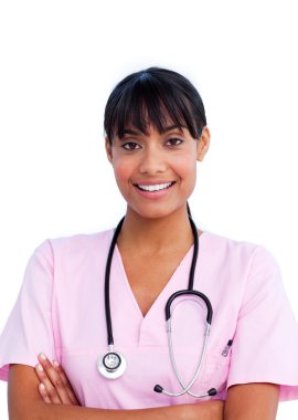 Portrait of an ethnic nurse holding a stethoscope clipart