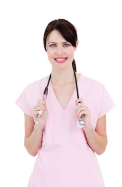 Portrait of a smiling nurse holding a stethoscope clipart