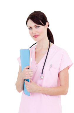 Portrait of an elegant nurse holding a stethoscope clipart