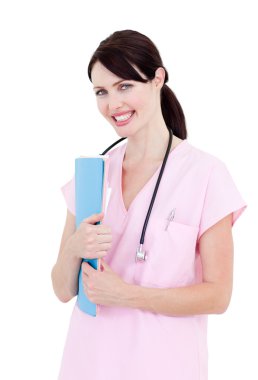 Portrait of a brunette nurse holding a stethoscope clipart