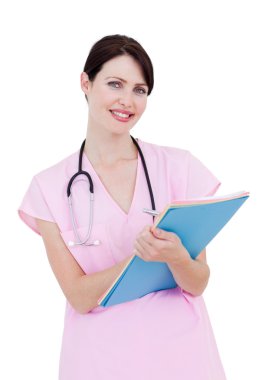 Portrait of a pretty nurse holding a stethoscope clipart