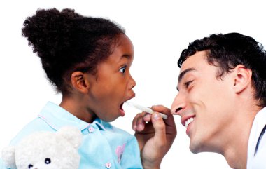 Charming doctor taking little girl's temperature clipart