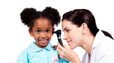 Smiling doctor checking her patient's ears clipart