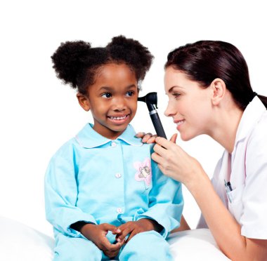 Concentrated doctor checking her patient's ears clipart