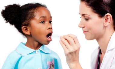 Female doctor taking little girl's temperature clipart