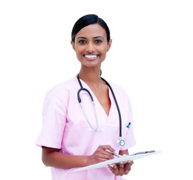 Charismatic female doctor making notes in a patient's folder clipart