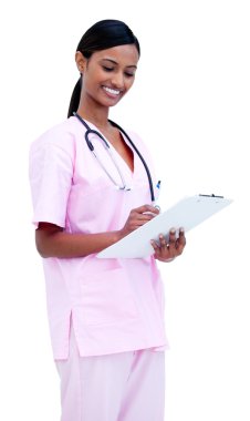 Self-assured female doctor making notes in a patient's folder clipart