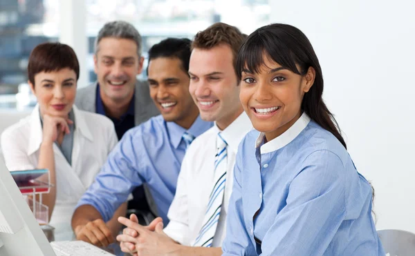 A diverse business group sitting in a line — Stock Photo, Image