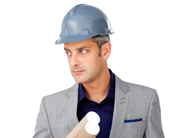 Arquiteto masculino sério vestindo um chapéu duro — Fotografia de Stock