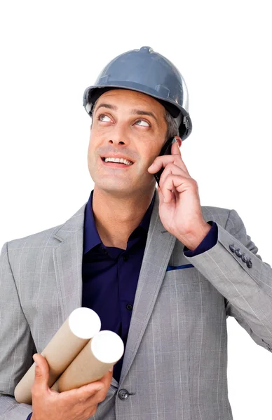 Smiling male architect on phone looking up — Stock Photo, Image