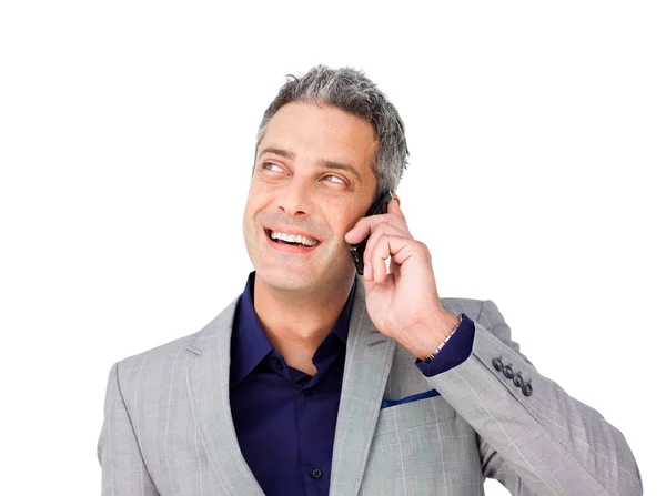 Uomo d'affari ridente al telefono guardando in alto — Foto Stock