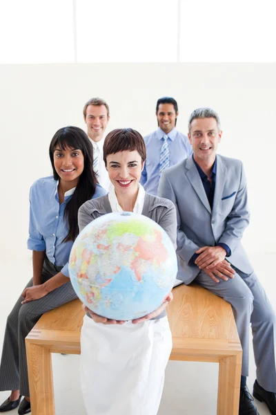 stock image Confident business holding a terrestrial globe