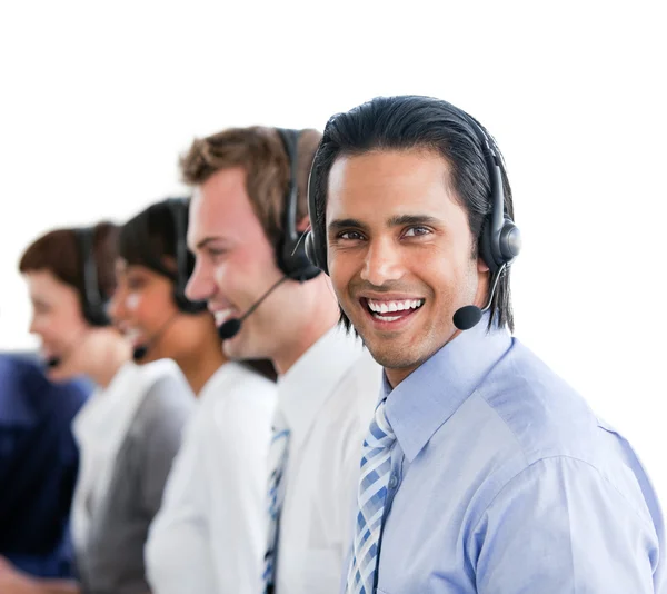 Negócios entusiasmados trabalhando em um call center — Fotografia de Stock