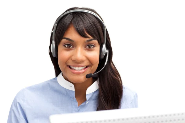 Businesswoman with headset on — Stock Photo, Image