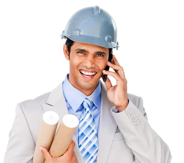 Close-up of a smiling architect on phone — Stock Photo, Image