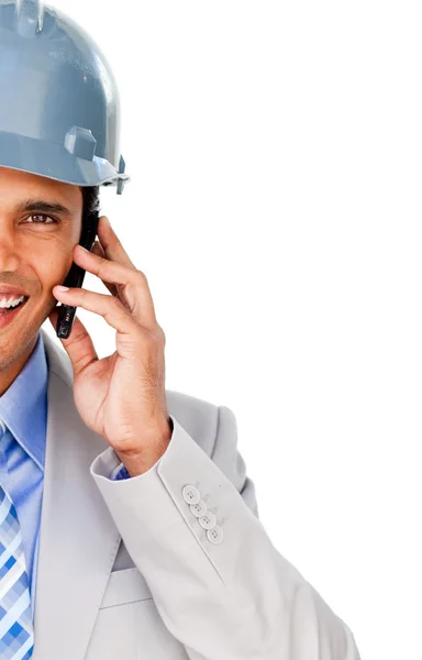 Close-up of an architect with a hardhat on phone — Stock Photo, Image