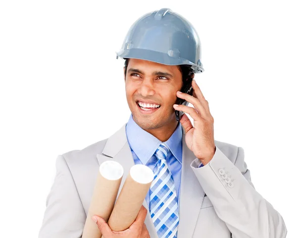 Confident architect on phone carrying blueprints — Stock Photo, Image