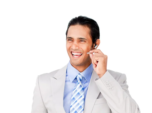 Hombre de negocios feliz con auriculares puestos —  Fotos de Stock