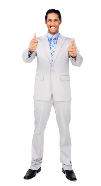 Successful businessman standing with thumbs up — Stock Photo, Image