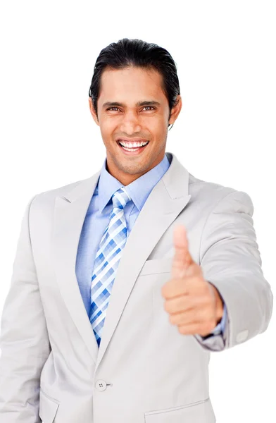 Young businessman with thumb up celebrating a victory — Stock Photo, Image