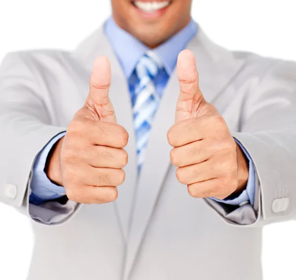 Close-up de um homem de negócios com polegares para cima em celebração — Fotografia de Stock