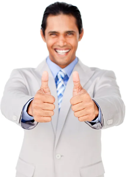 Etnische zakenman met duimen omhoog in de viering — Stockfoto