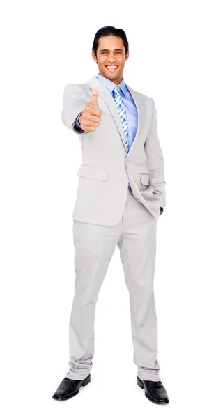Щасливий бізнесмен стоїть з великим пальцем вгору — стокове фото