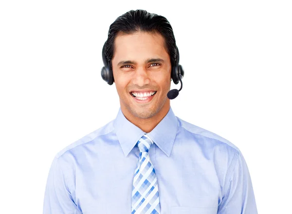 Biznesmen z słuchawek z mikrofonem — Zdjęcie stockowe