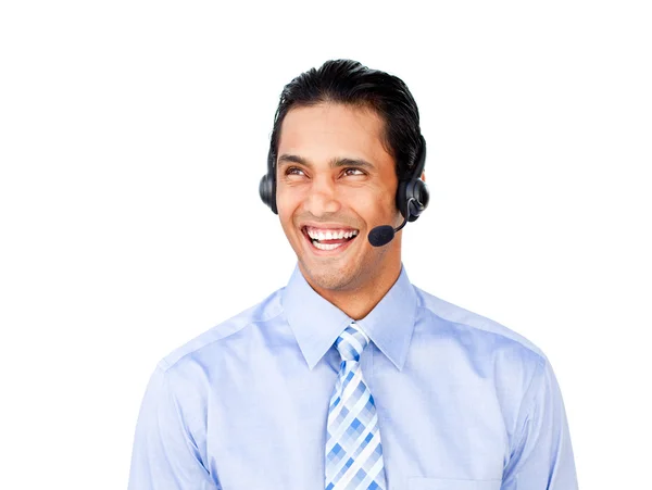 Çekici müşteri hizmetleri temsilcisi ile kulaklık üzerinde — Stok fotoğraf