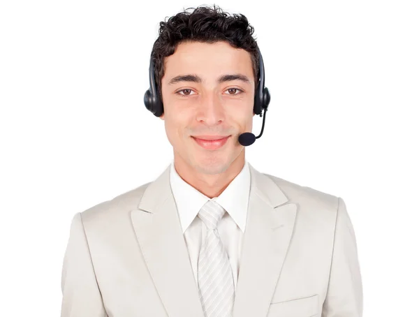 Representante de atendimento ao cliente atraente usando headset — Fotografia de Stock
