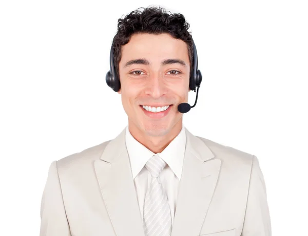 Vertrouwen jonge zakenman met hoofdtelefoon op — Stockfoto
