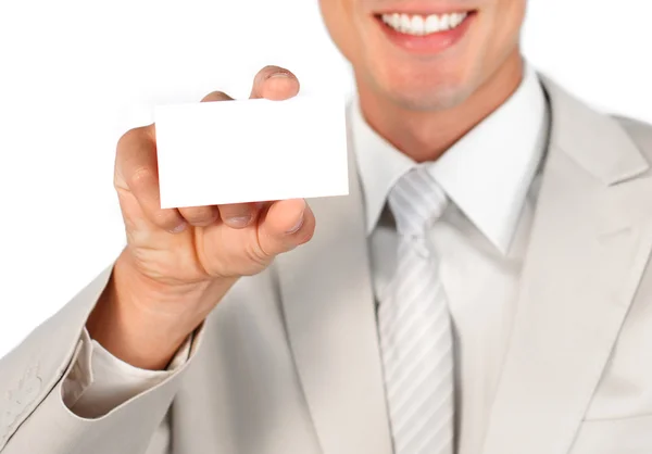 Close-up of a businessman holding a white card — Stock Photo, Image