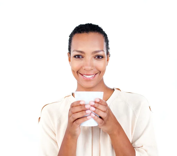 Charming businesswoman holding a drinking cup — Stock Photo, Image