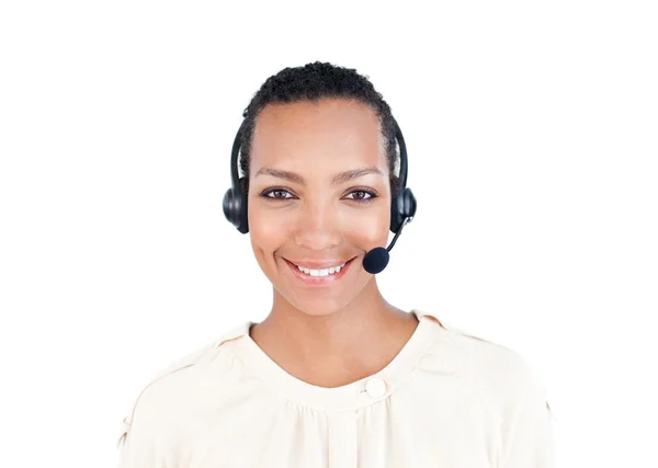 Uśmiechający się przedstawiciela działu obsługi klienta z słuchawek z mikrofonem — Zdjęcie stockowe