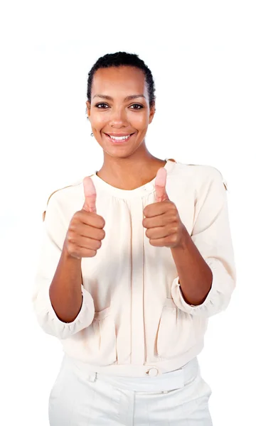 Positive businesswoman with thumbs up — Stock Photo, Image