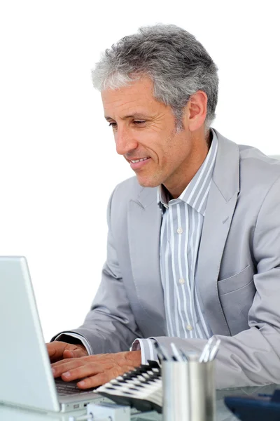 Smiling confident businessman working at a computer — Stock Photo, Image