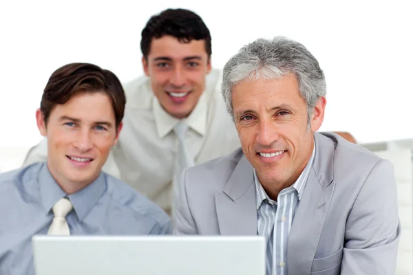 Partenaires d'affaires assurés travaillant sur un ordinateur — Photo
