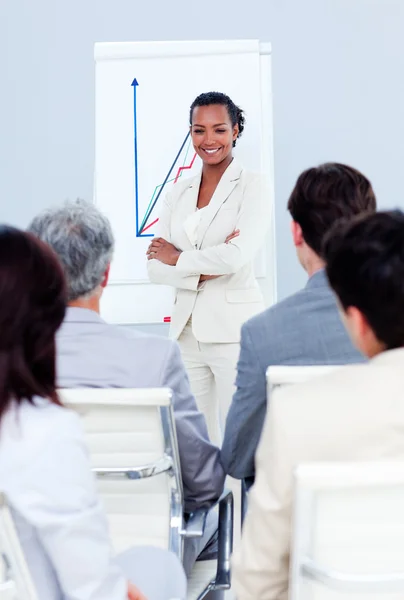 Påstridig affärskvinna gör en presentation — Stockfoto