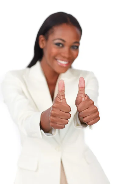Happy businesswoman with thumbs up — Stock Photo, Image