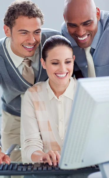 Attraktive Geschäftsfrau und ihre Kollegen, die an einem Rechner arbeiten — Stockfoto