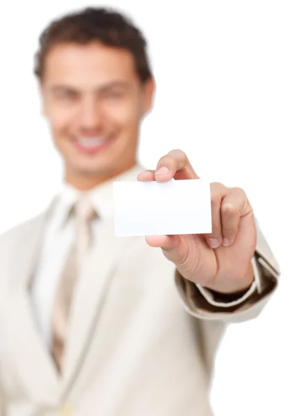 Podnikatel drží bílou kartu — Stock fotografie