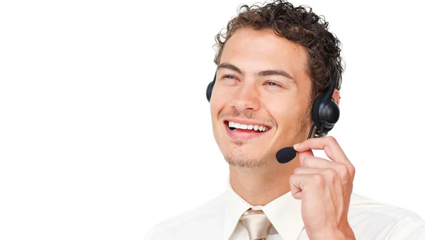 Vrolijke zakenman met behulp van headset — Stockfoto
