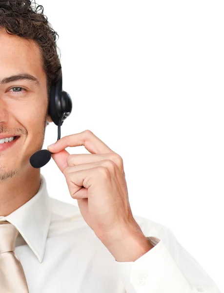 Close-up van een jonge zakenman met behulp van headset — Stockfoto