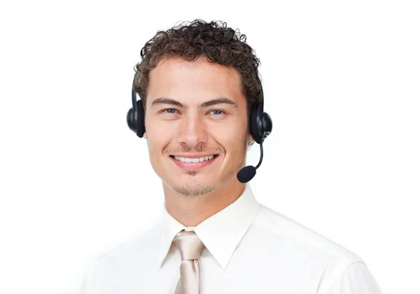 Empresário atraente com fone de ouvido em — Fotografia de Stock
