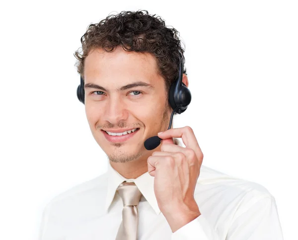 Mutlu müşteri hizmetleri temsilcisi ile kulaklık üzerinde — Stok fotoğraf