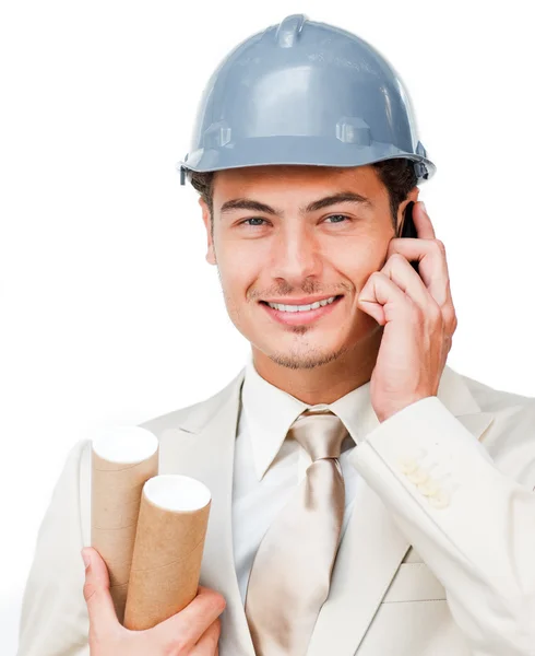 Portrait of a young architect on phone — Stock Photo, Image