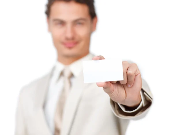 Young businessman holding a white card — Stock Photo, Image